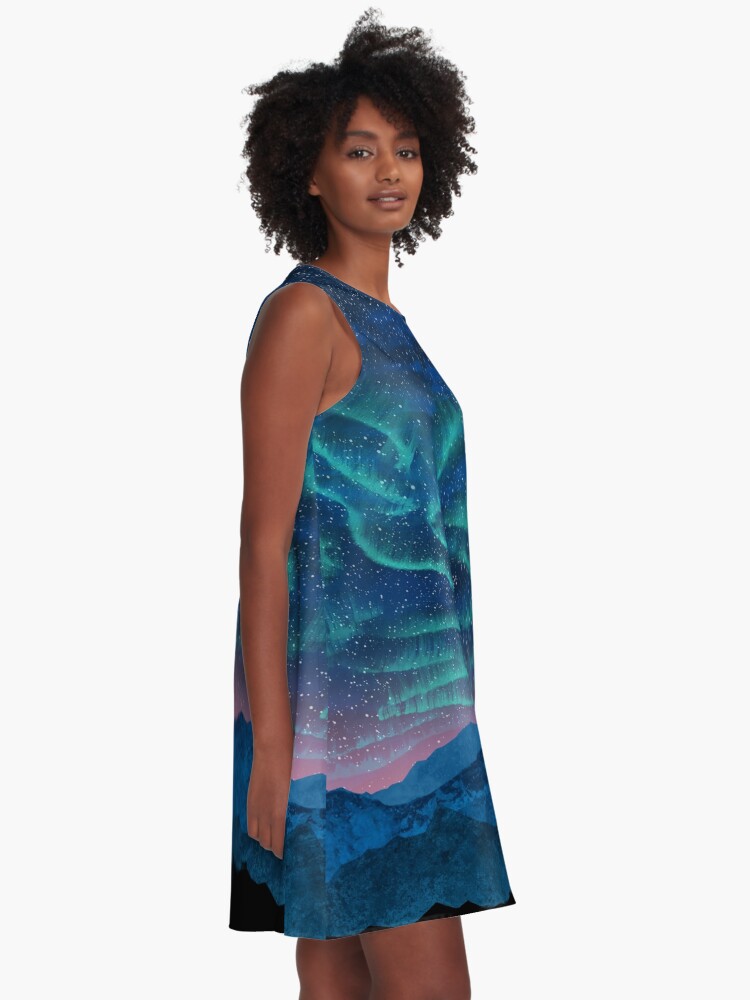 Alternate view of Aurora borealis over mountains A-Line Dress