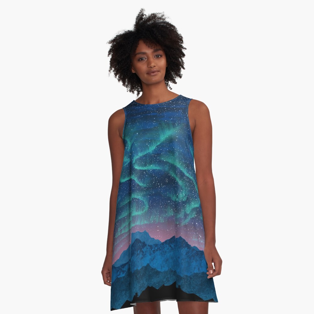 Aurora borealis over mountains A-Line Dress