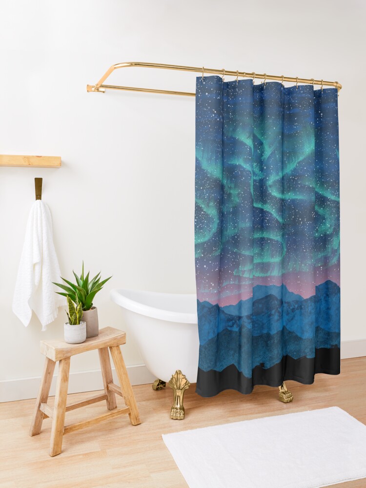 Alternate view of Aurora borealis over mountains Shower Curtain