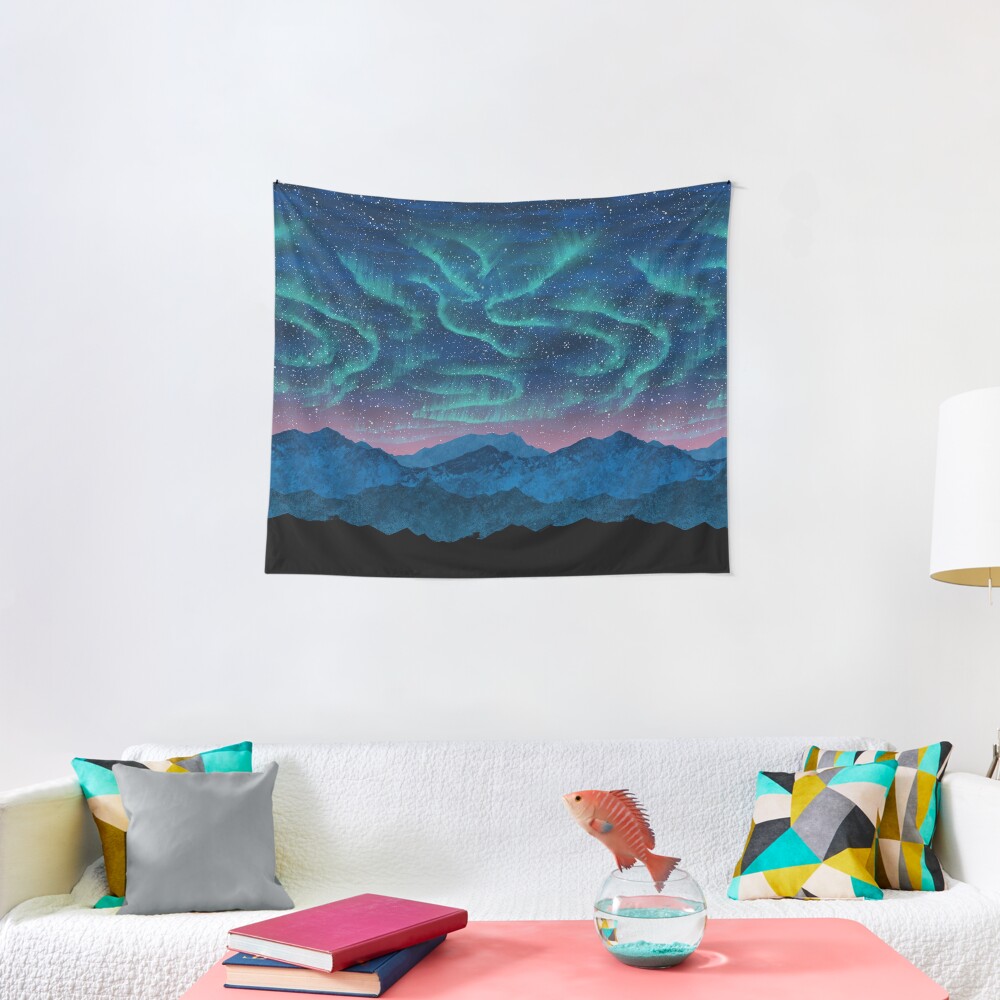 Aurora borealis over mountains Tapestry