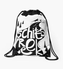 Schitt's Creek hand lettering in Creek flowing from Mountains Drawstring Bag