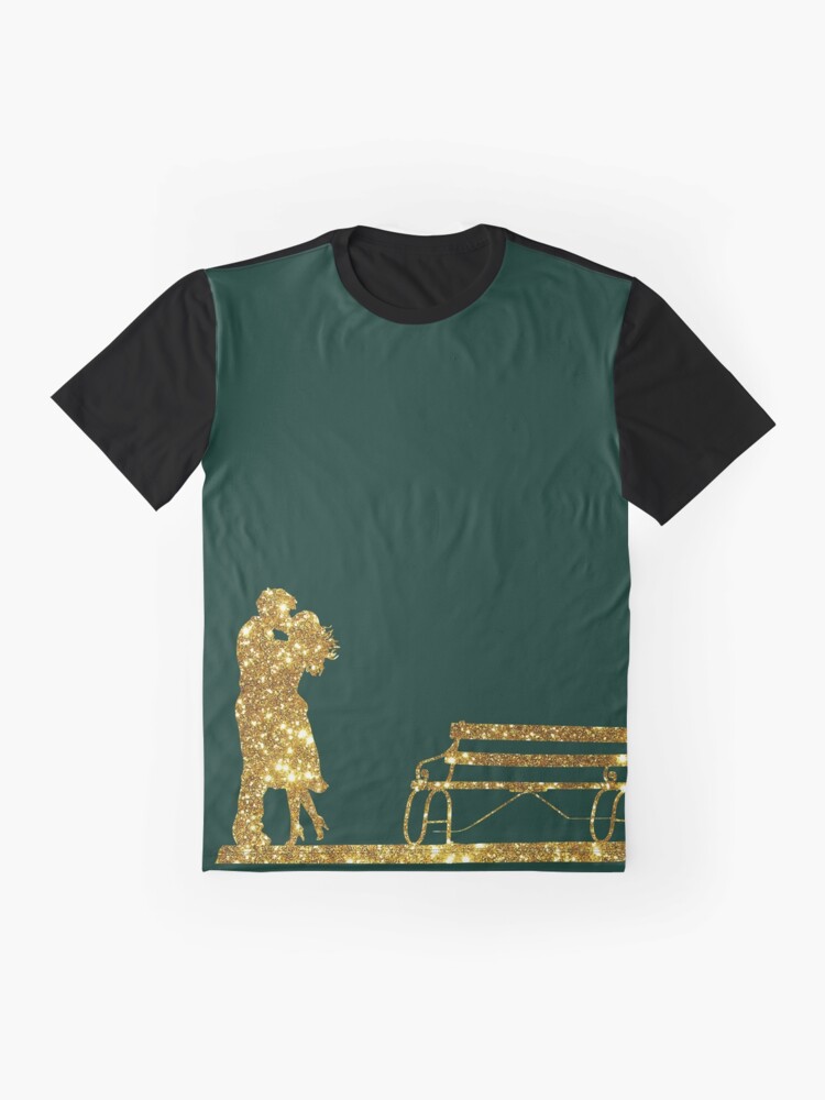 Alternate view of Kissing Valentines in Glitter Gold on Green. Perfect Gift for the One You Love. Graphic T-Shirt