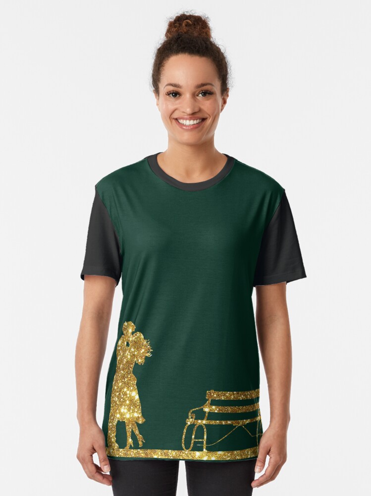 Alternate view of Kissing Valentines in Glitter Gold on Green. Perfect Gift for the One You Love. Graphic T-Shirt