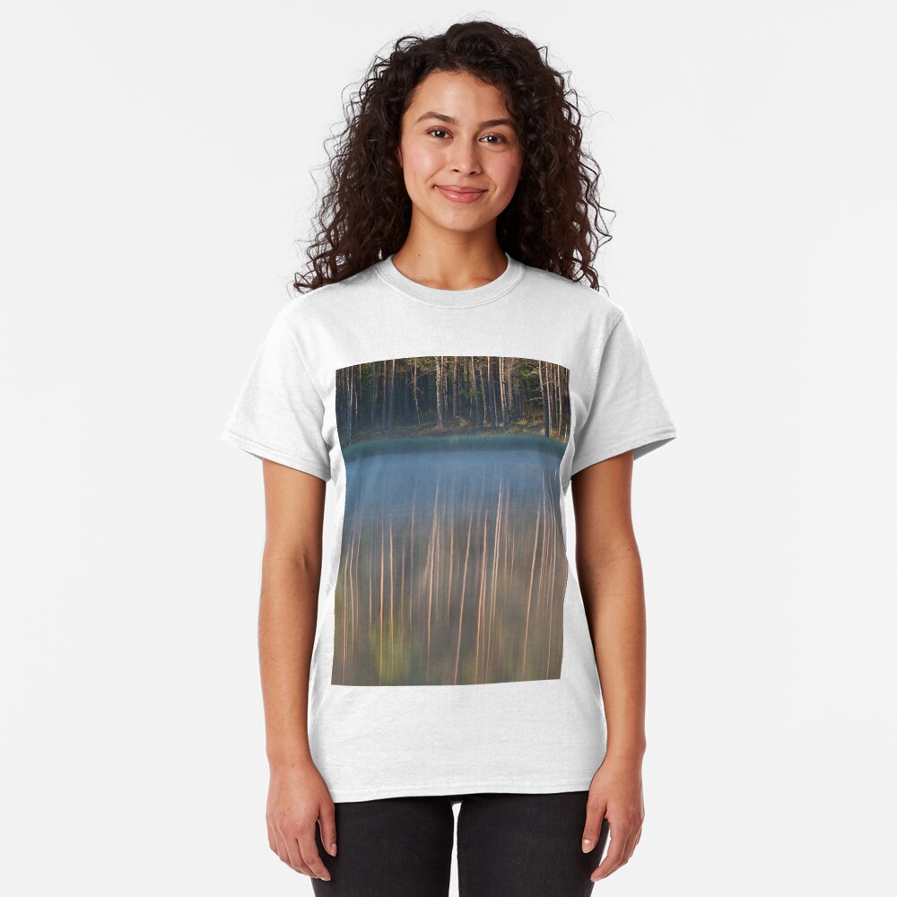 Forest reflecting to small lake at morning Classic T-Shirt