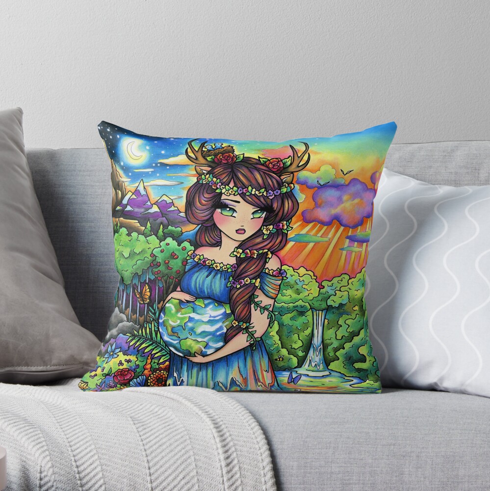 Mother Earth, Mother Nature Pregnant Fantasy Landscape Artwork Throw Pillow