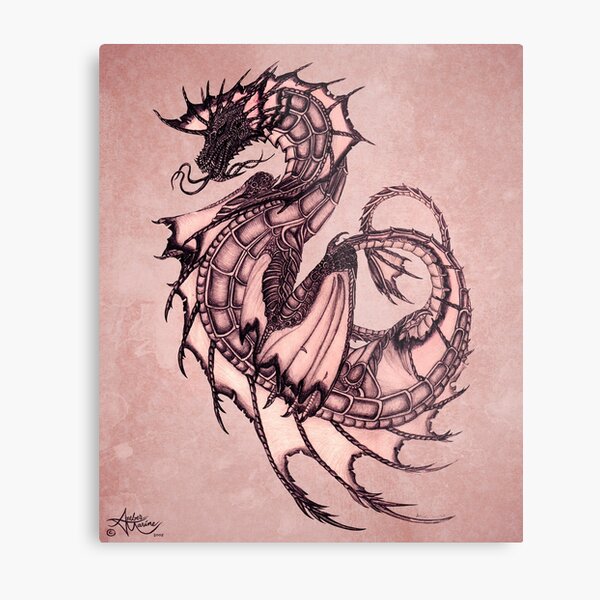 "Tsunami" Sea Dragon, art by Amber Marine ~ (Coral Version) ~ Graphite Illustration (Copyright 2005) Metal Print