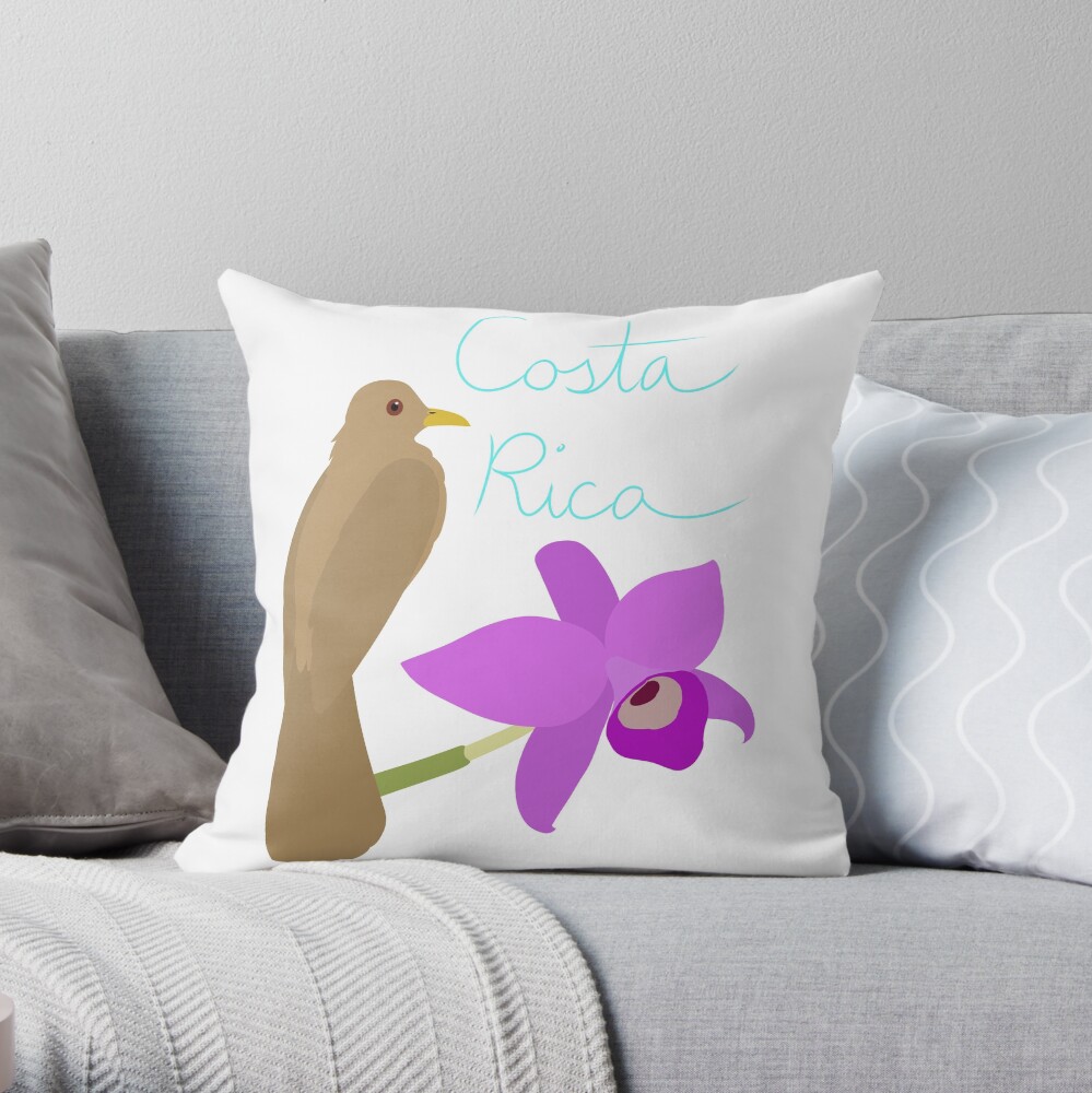 Costa Rica: Guaria Morada and Clay Colored Thrush Throw Pillow