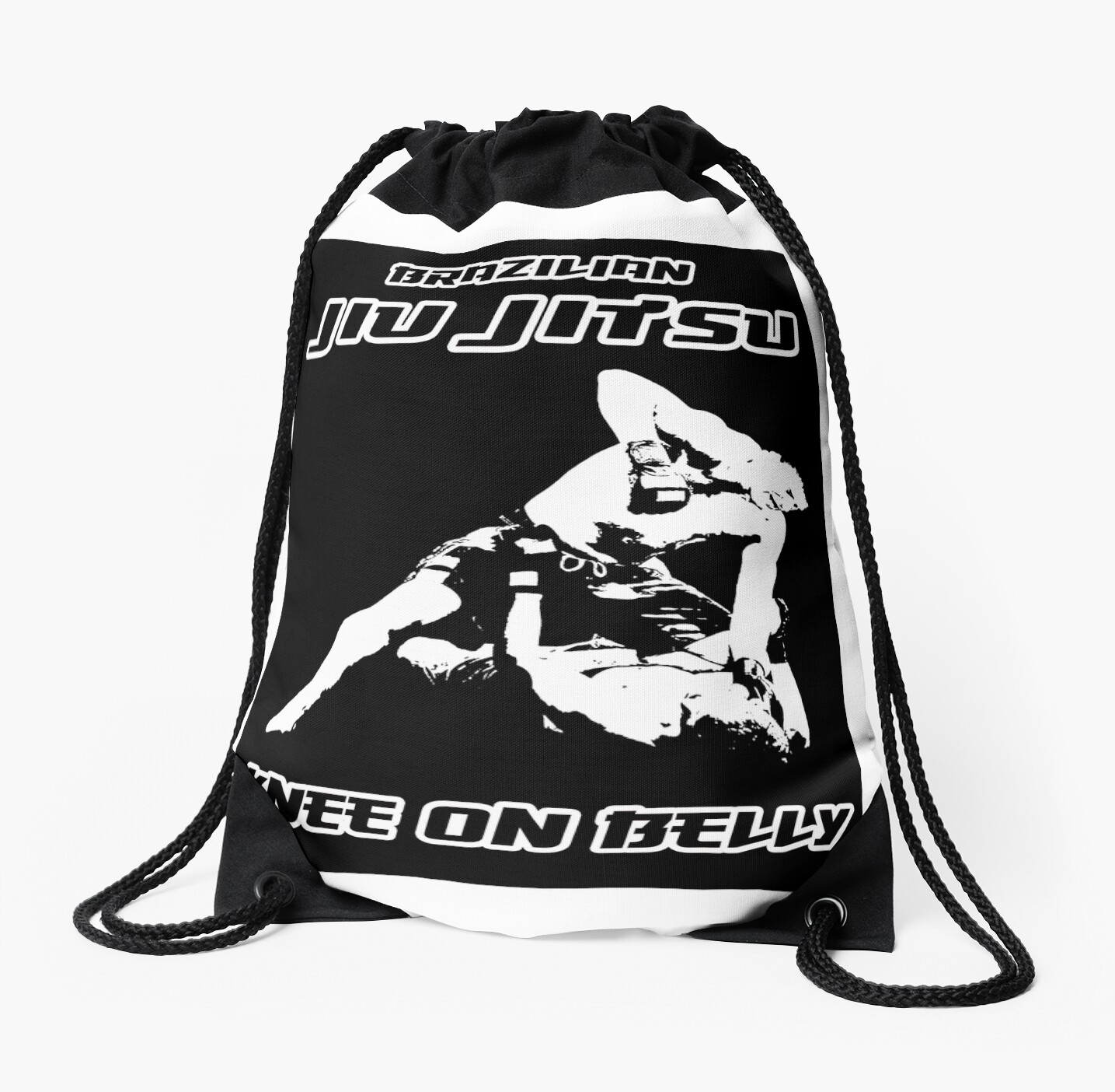 "Brazilian Jiu Jitsu Knee On Belly Black" Drawstring Bag by yin888