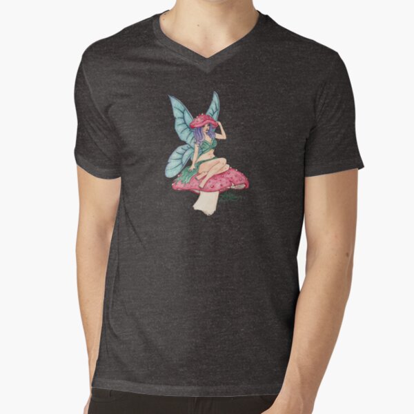 "Rita Amanita" the Faerie by Amber Marine ~ Watercolor & Ink Fairy Art (Copyright 2019) V-Neck T-Shirt