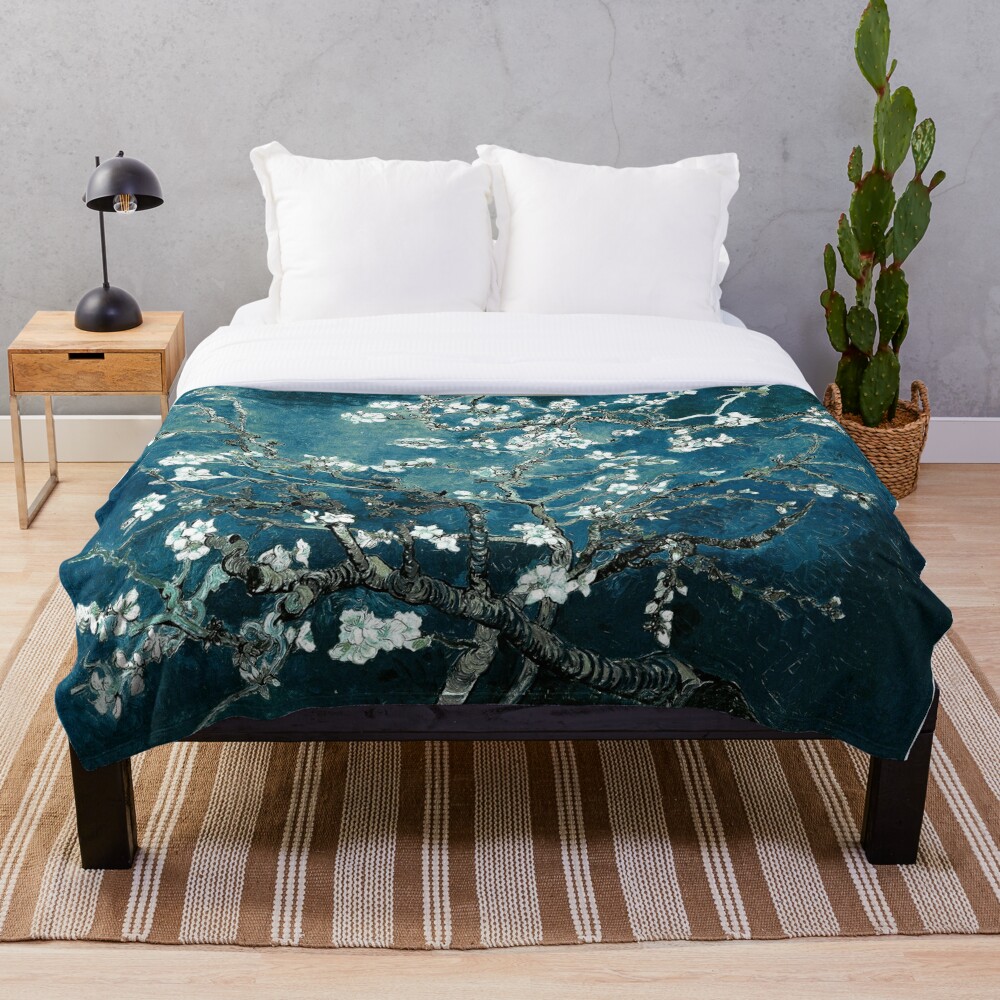 Van Gogh Almond Blossoms Dark Teal Throw Blanket By