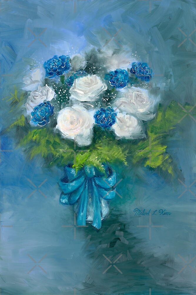 "White Roses & Blue Flowers Floral Art" by misook Redbubble