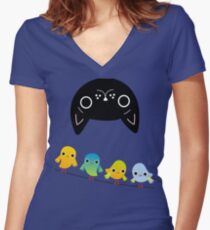 Cat and Birds Women's Fitted V-Neck T-Shirt