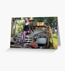 A redhead pinup on a WWII White Halftrack Greeting Card