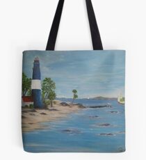 Lighthouse, a great day for sailing Tote Bag