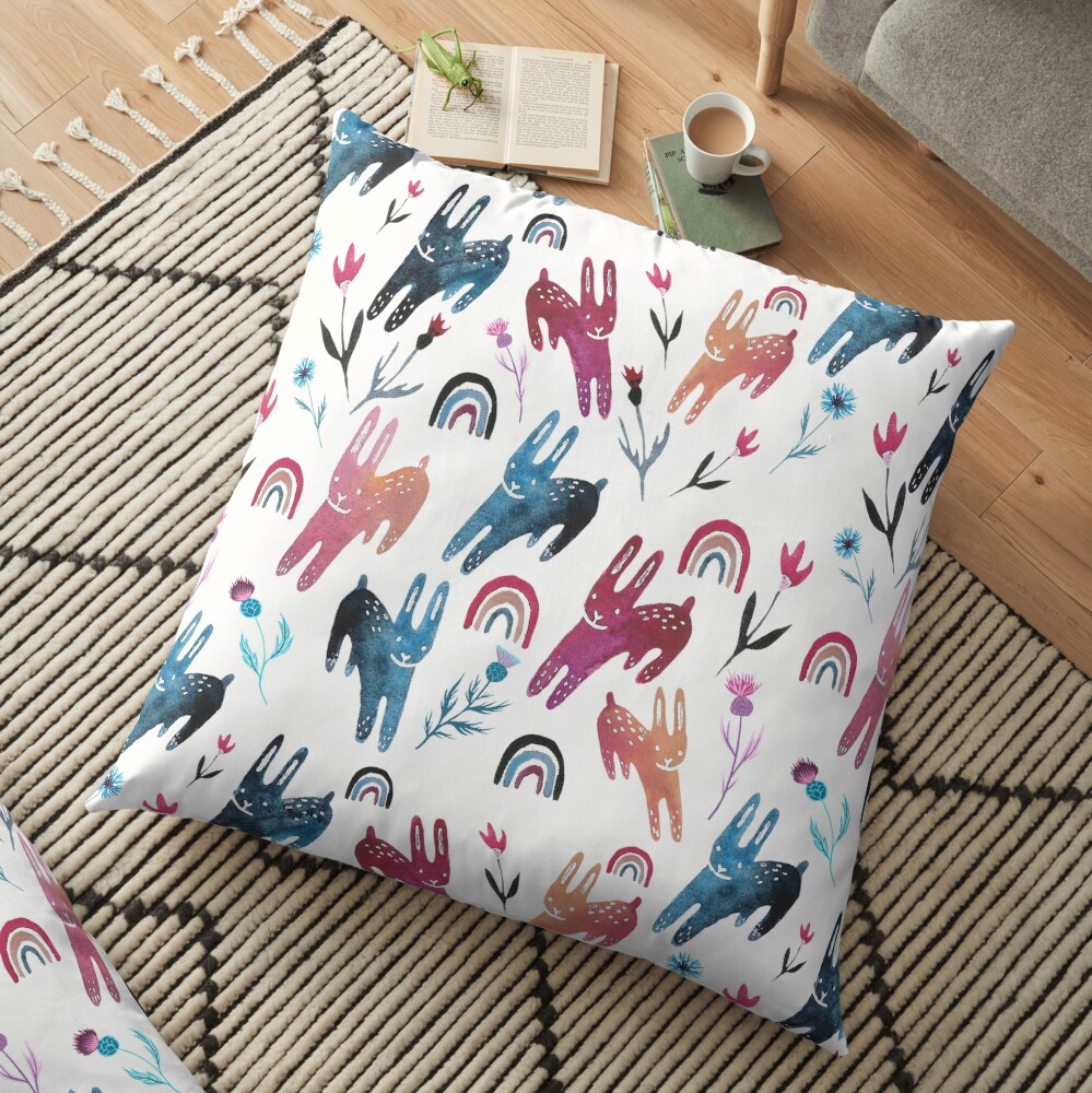 Rainbow Bunnies and florals Floor Pillow