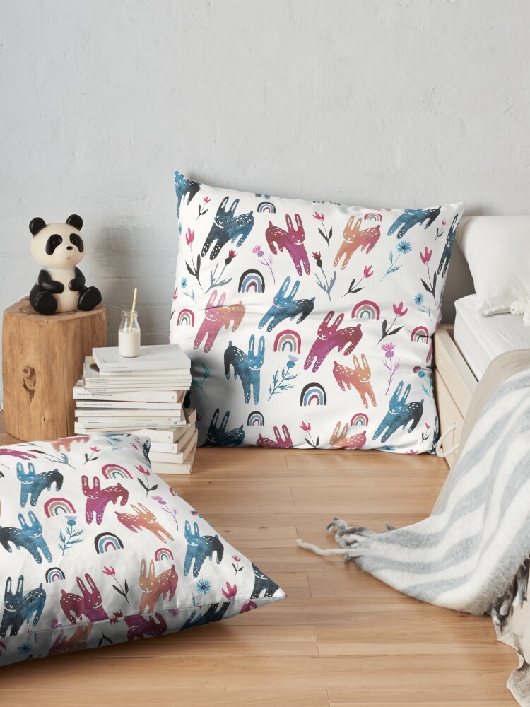 Alternate view of Rainbow Bunnies and florals Floor Pillow