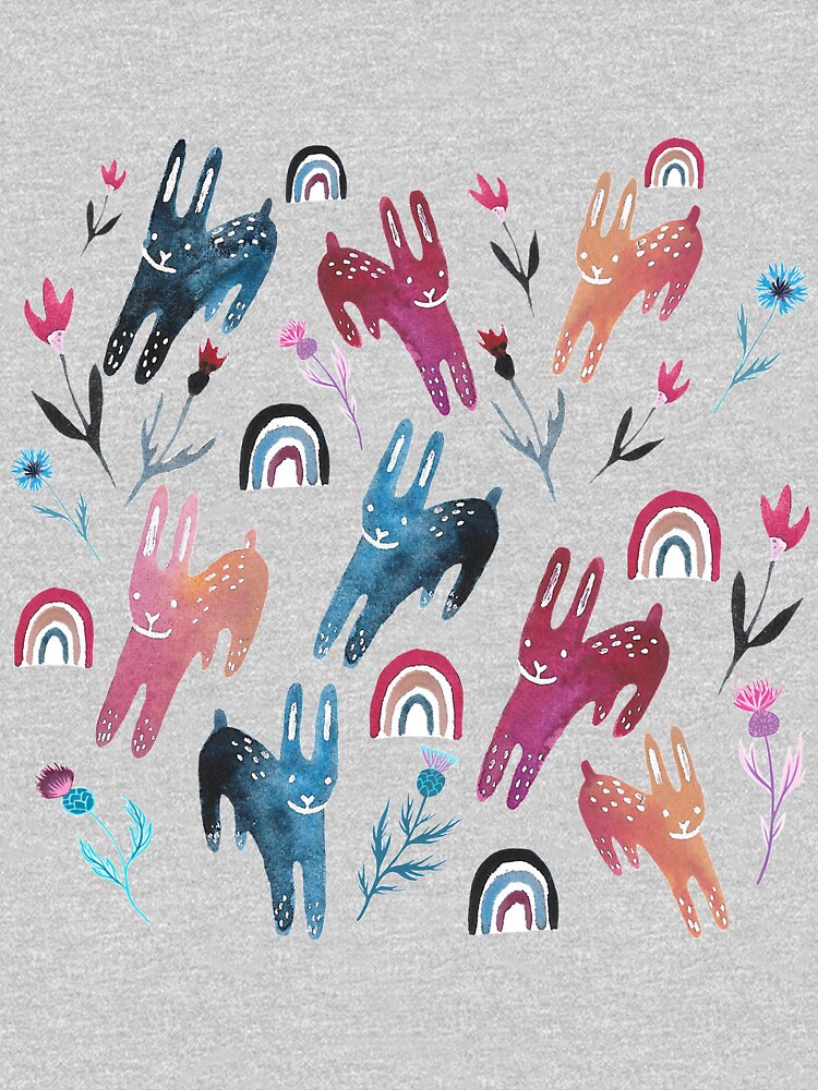 Rainbow Bunnies and florals by emilienunez