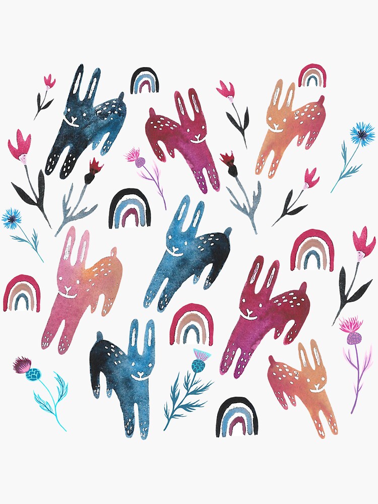 Rainbow Bunnies and florals by emilienunez