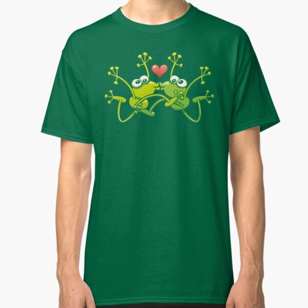 Funny green frogs falling in love while performing an acrobatic kiss Classic T-Shirt