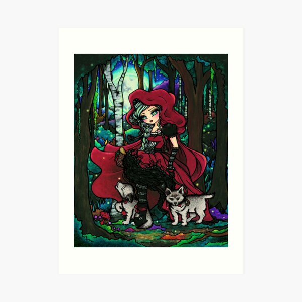 Red Riding Hood with Big Bad Wolf Pups Art Print