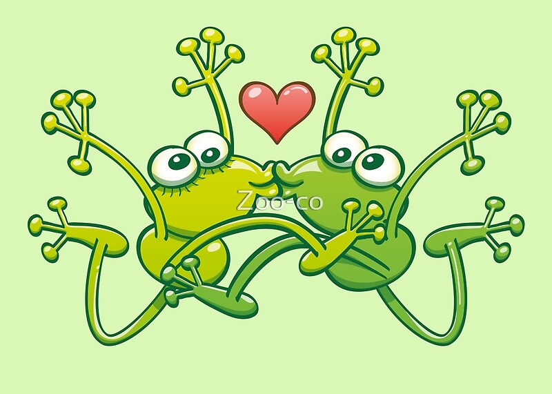 "Funny green frogs falling in love while performing an acrobatic kiss