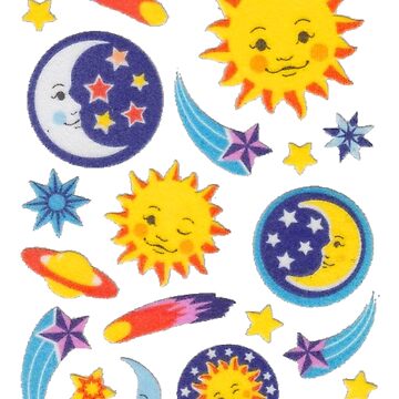 vintage fuzzy stickers - stars, moon, sun Postcard for Sale by