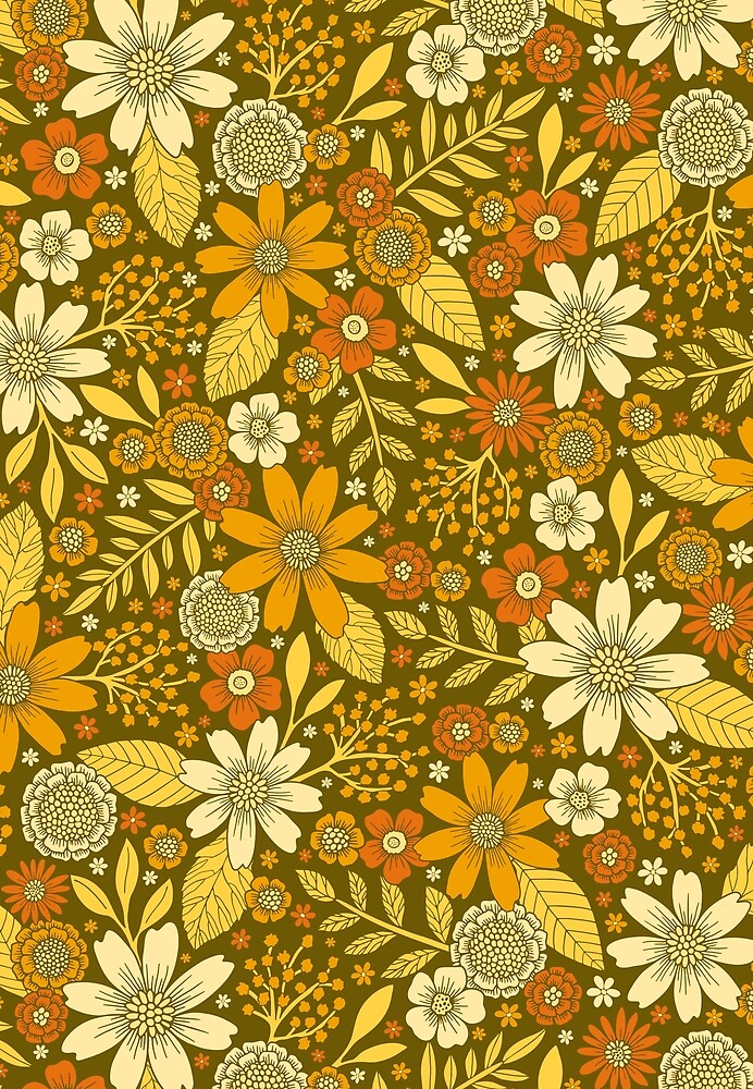 "1970s Retro Flowers Pattern in Yellow, Orange & Olive Green" by