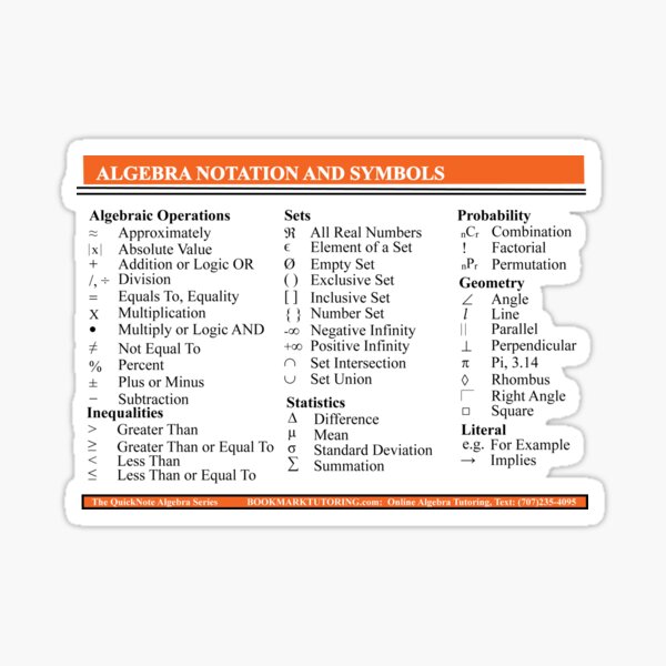 Algebra One Notation and Symbols from BookMarkTutoring Sticker