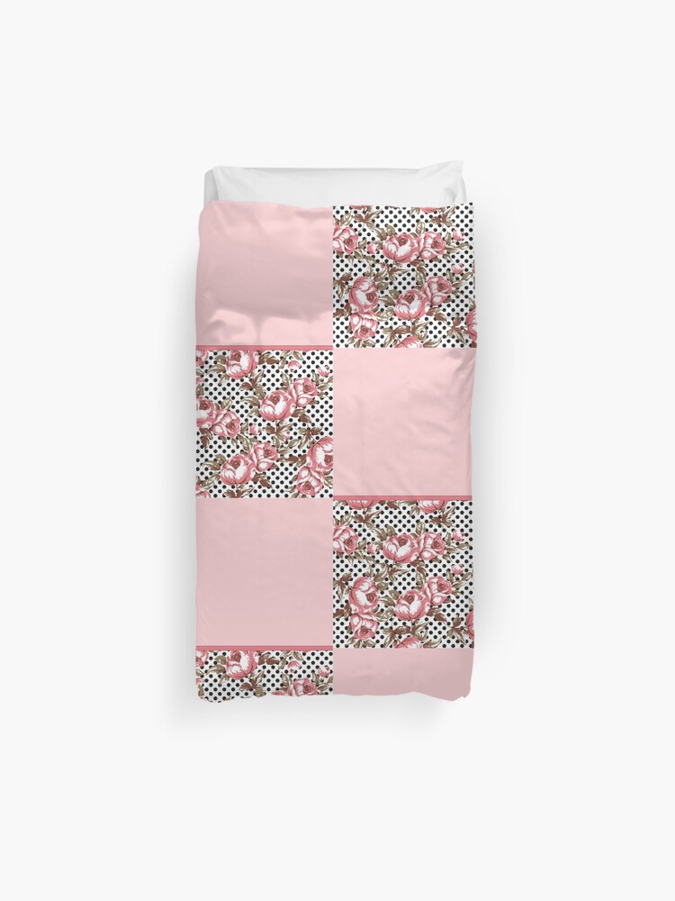 Pink Vintage Flowers And Black Polka Dots Duvet Cover By