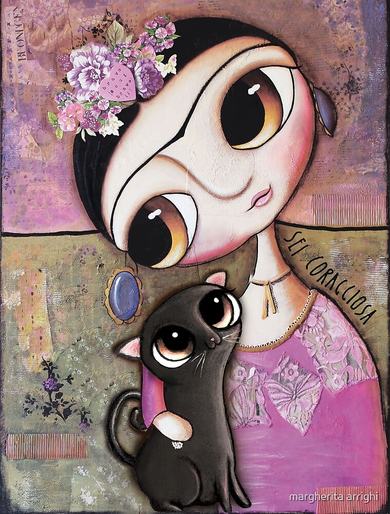 Big eyes doll in a pink dress, black cat, flowers on head, art by margherita arrighi by margherita arrighi