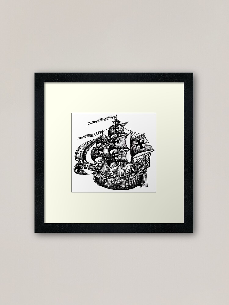 Tall Ship Black And White Pen Ink Drawing Framed Art Print By