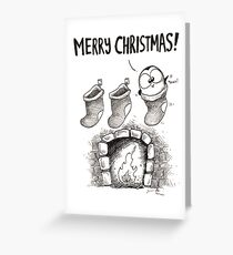 3 Christmas Stockings, 1 Fat Penguin! Greeting Card