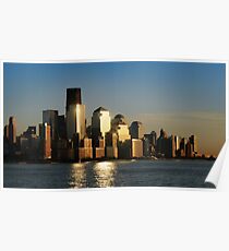 A sunset view of the downtown Manhattan skyline Poster