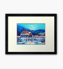 CANADIAN LANDSCAPE WITH POND HOCKEY ORIGINAL ART Framed Print