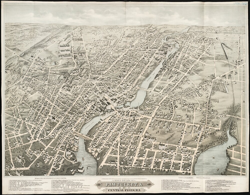 "Vintage Pictorial Map of Pawtucket RI (1877)" by BravuraMedia Redbubble