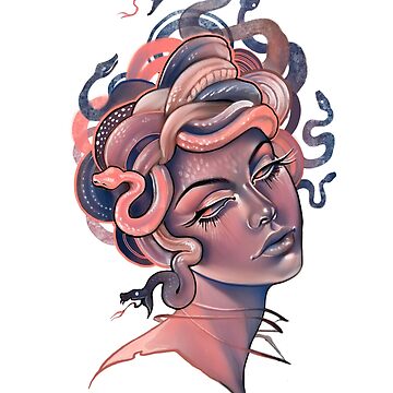 Artwork thumbnail, Coral and blue Medusa portrait by saraknid