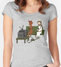 Jesus And Devil Playing Video Games Pixel Art Women's Fitted Scoop T-Shirt