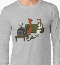 Jesus And Devil Playing Video Games Pixel Art Long Sleeve T-Shirt