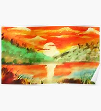 Orange sunrise for fishing, watercolor Poster