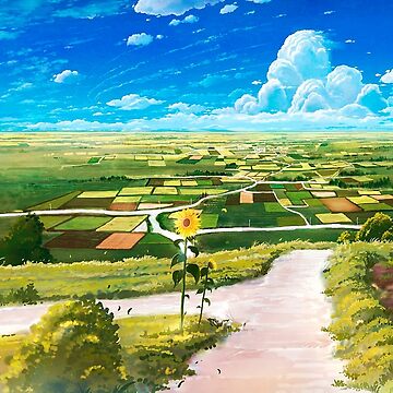 dead-seal56: sun orange yellow , style anime , relax anime , boy in white  shirt anime , bycicle anime , field anime , windmill anime , no cloud