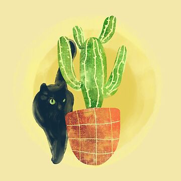 Plantes en Pot Vertes Cactus Sticker Mural Mignon Chat Noir