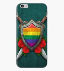 Vinilo o funda para iPhone Gay Pride Rainbow Flag on a Worn Shield and Crossed Swords