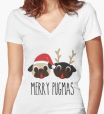 Merry Pugmas Santa & Reindeer Pugs Pattern 2 Women's Fitted V-Neck T-Shirt