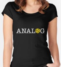 ANALOG white logotype with yellow 45 r.p.m. vinyl spindle insert for the 'O' Women's Fitted Scoop T-Shirt
