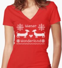 Wiener Wonderland in Festive Red - Dachshund Sausage Dog Women's Fitted V-Neck T-Shirt
