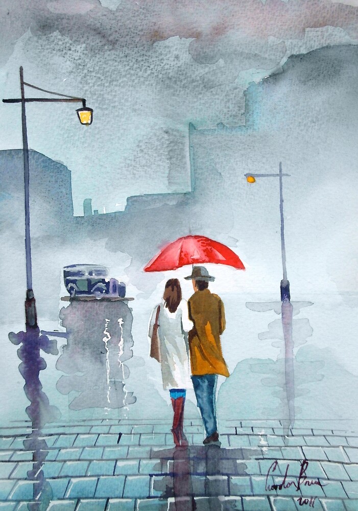 Rainy day red umbrella watercolour painting by GORDON BRUCE ART