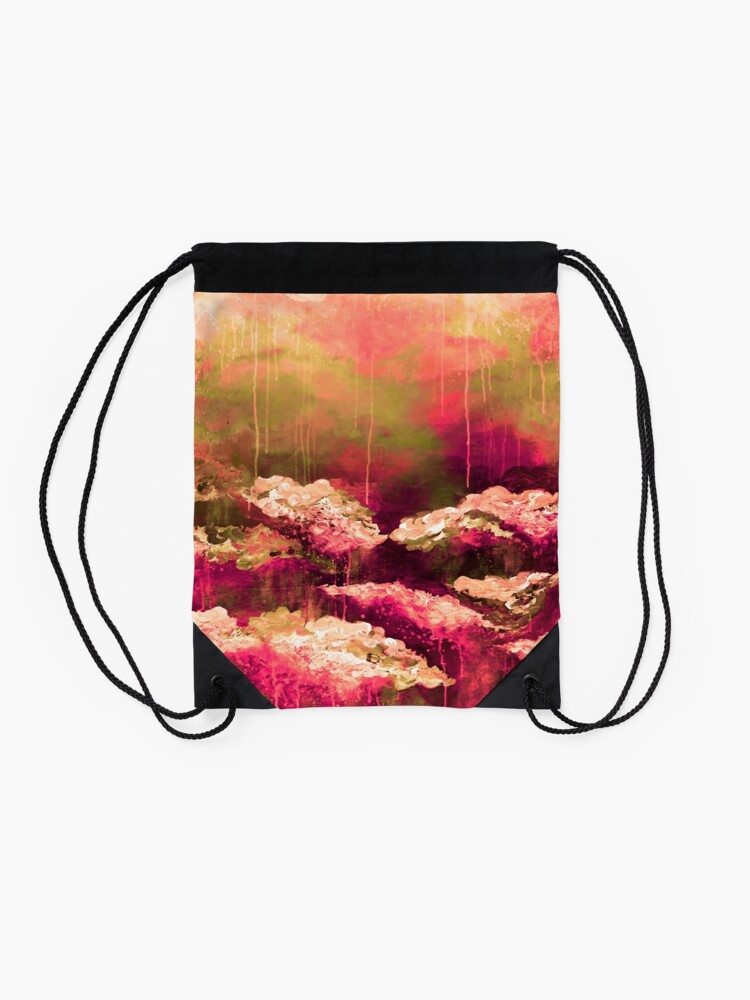 Alternate view of ITS A ROSE COLORED LIFE Floral Hot Pink Marsala Olive Green Flowers Abstract Acrylic Painting Fine Art Drawstring Bag