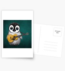 Musical Baby Penguin Playing Guitar Teal Blue Postcards