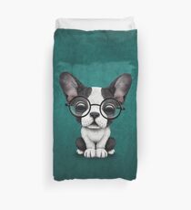 Funda nórdica Lindo cachorro de Bulldog Francés con gafas, azul turquesa
