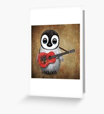Baby Penguin Playing Albanian Flag Guitar Greeting Card